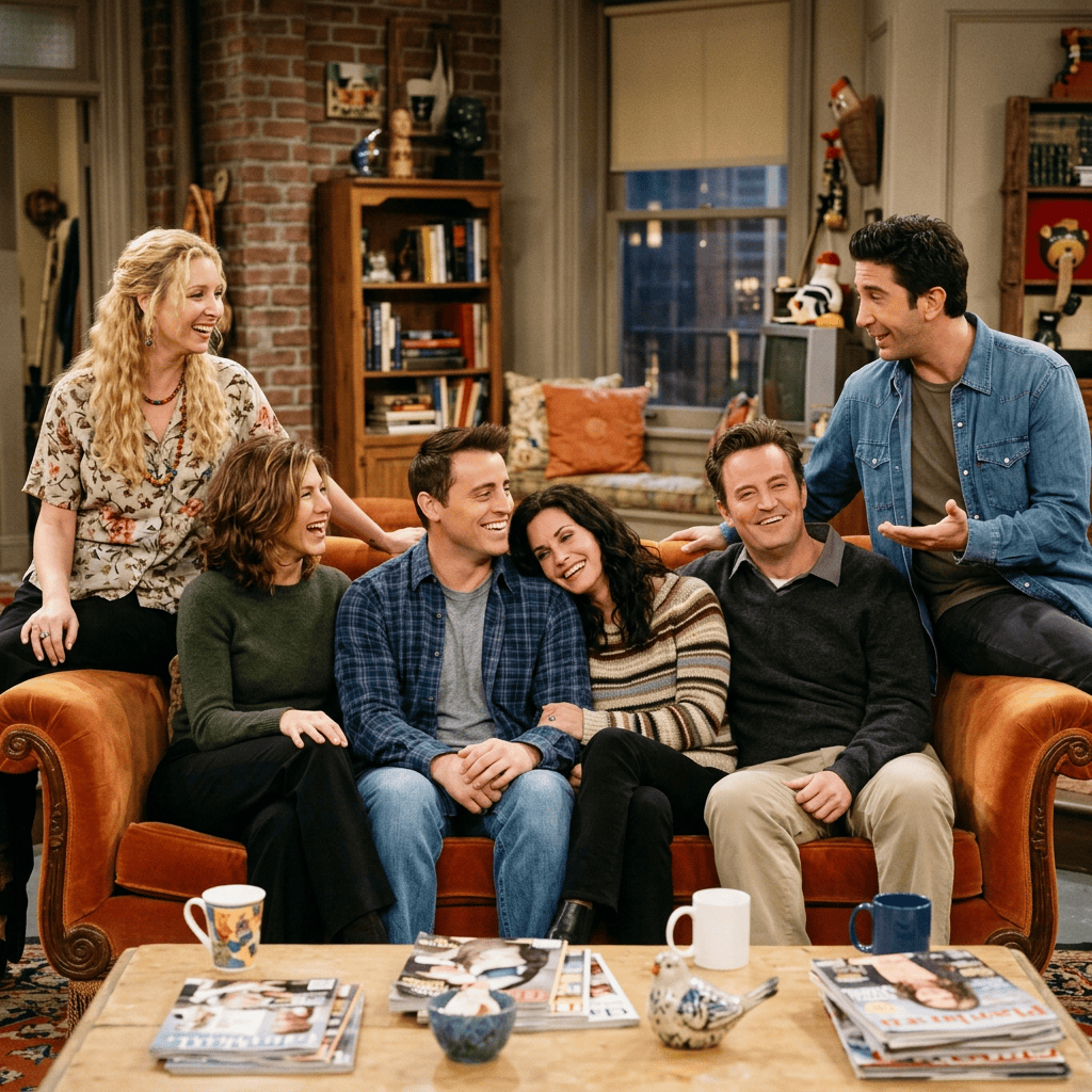 Six friends laughing together on a sofa in a cozy living room